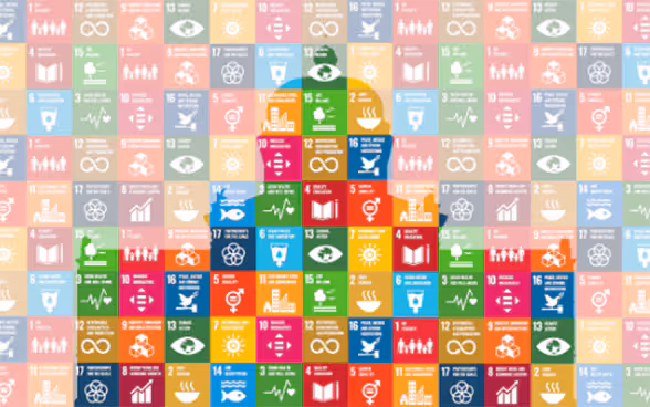 Petites cases multicolores où figurent des symboles représentant les objectifs de développement durable de l’Agenda 2030, avec les contours du Palais du Parlement.