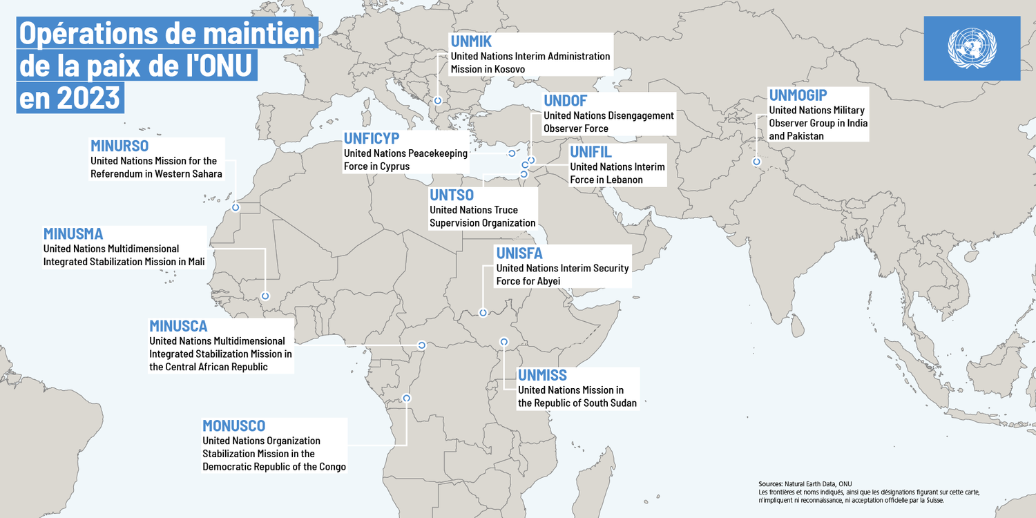 Carte du monde sur laquelle sont indiquées les douze missions de paix de l'ONU.