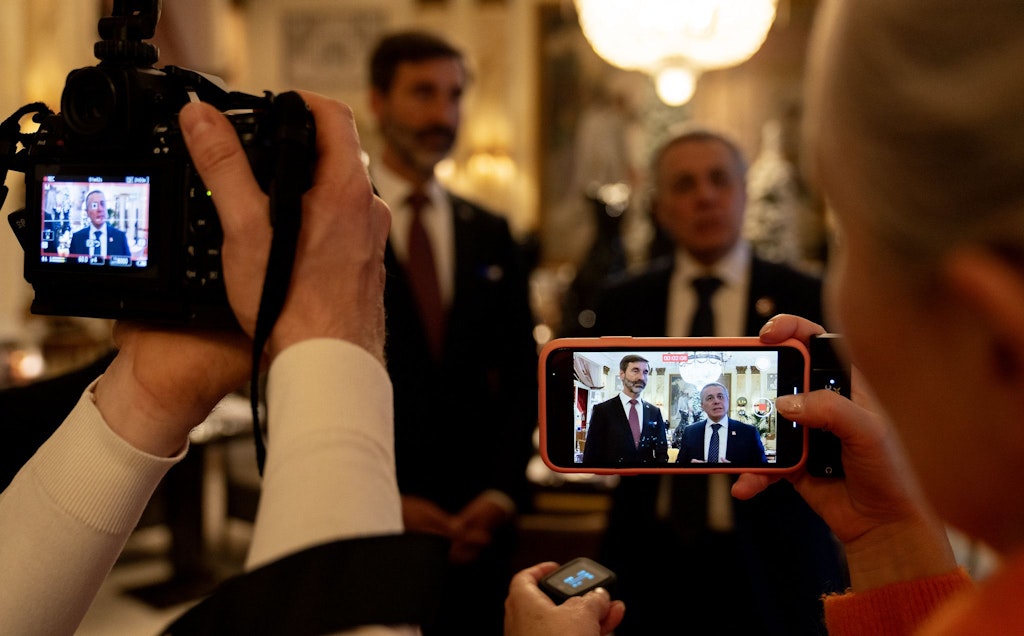 Federal Councillor Ignazio Cassis (L), Head of the Federal Department of Foreign Affairs and Juraj Blanár, Minister of Foreign and European Affairs of the Slovak Republic speak to media after a official meeting on November 19, 2024 in Bern. 