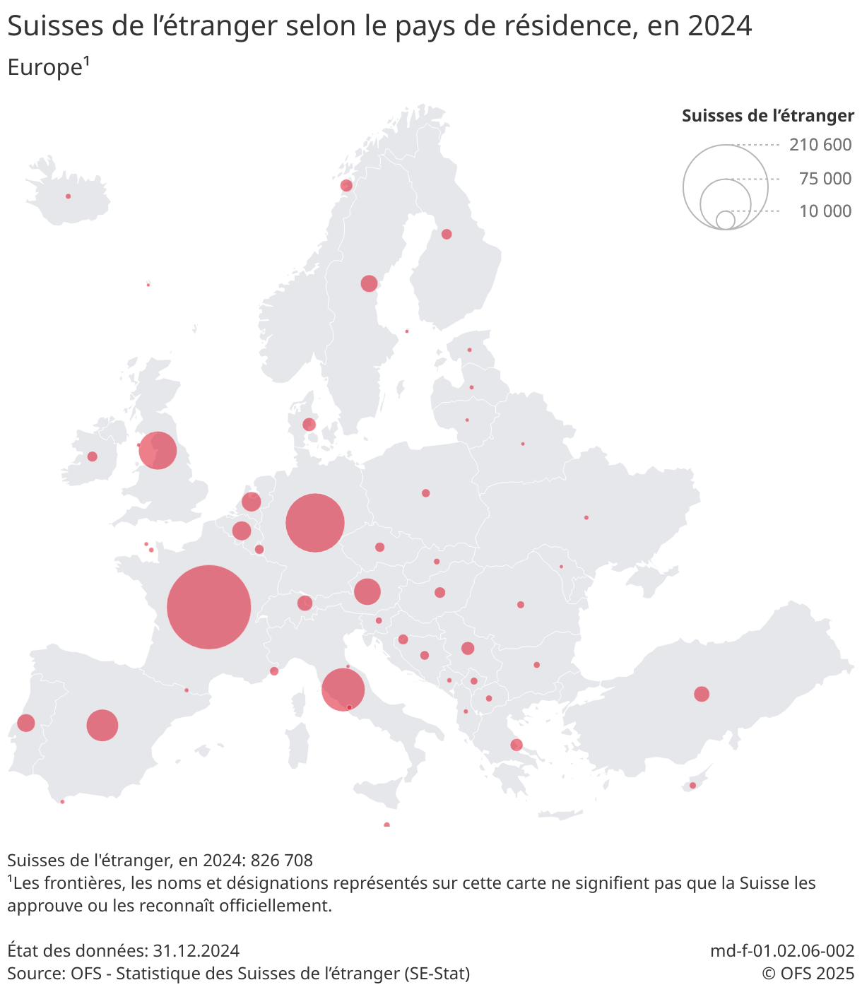 Les Suisses de l'étranger sont représentés sur une carte d l’Europe, classés par pays de résidence.