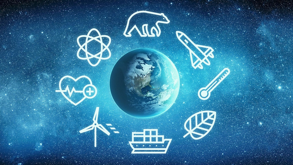 Les thèmes des deux sections Climat, environnement et santé ainsi que Science, espace et Arctique représentés sous forme de pictogrammes disposés autour d’un globe terrestre.