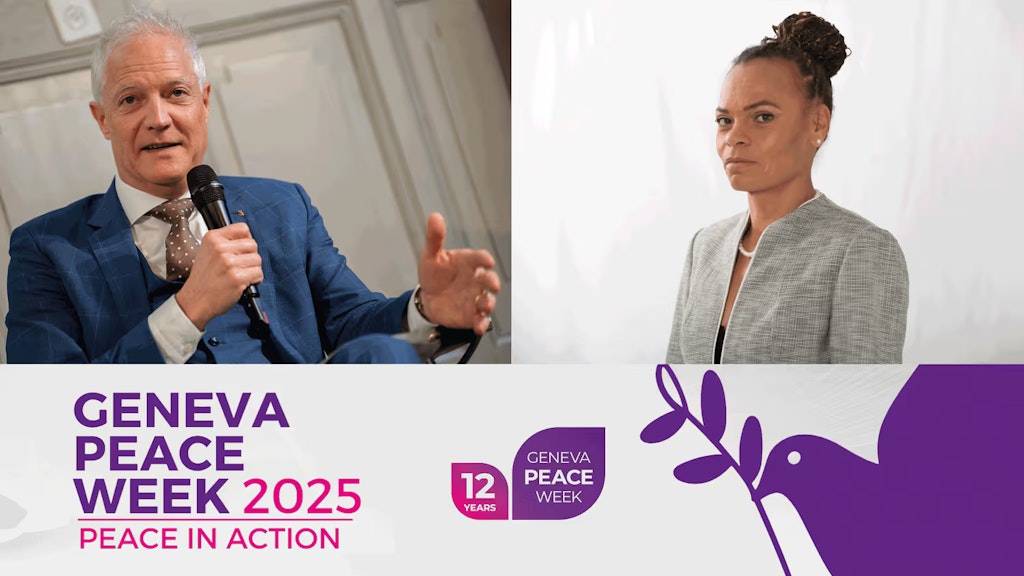 La photo montre les bannières officielles de la Geneva Peace Week avec le slogan « Peace in Action » ainsi que les portraits de Patricia Danzi et Tim Enderlin.