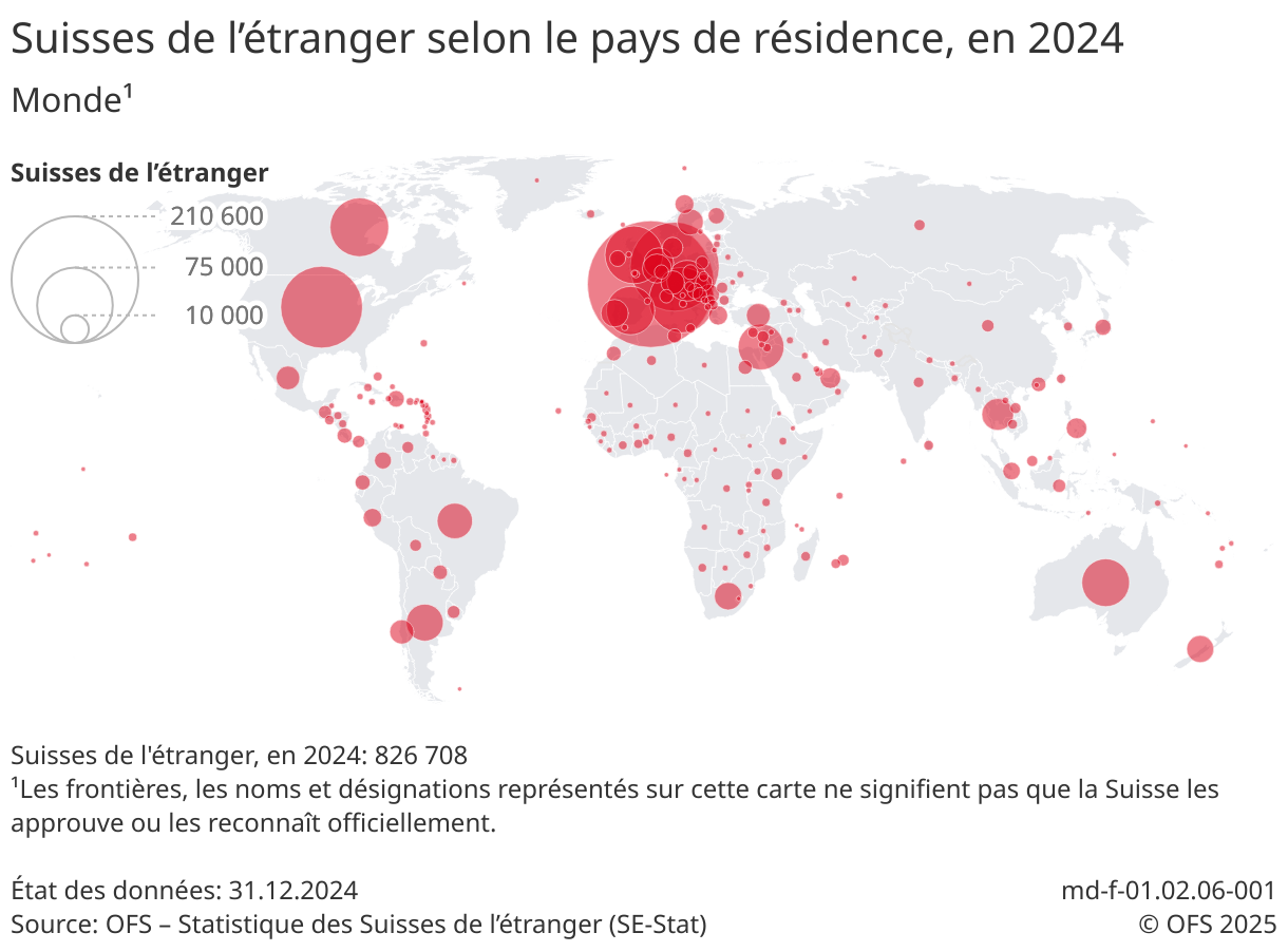 Les Suisses de l'étranger sont représentés sur une carte du monde, classés par pays de résidence.