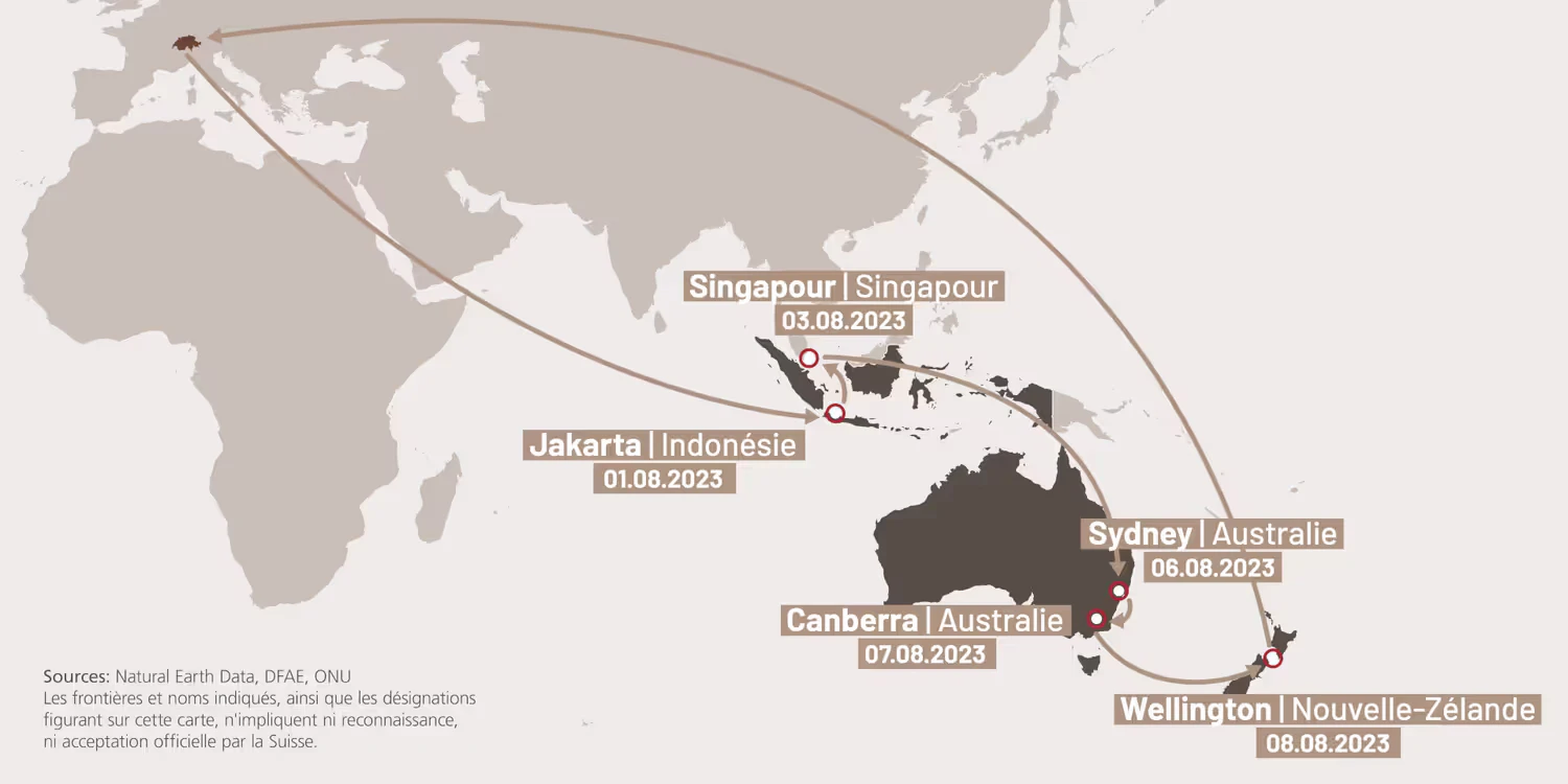 Infographie qui présente les étapes du voyage d’Ignazio Cassis en Indonésie, à Singapour, en Australie et en Nouvelle-Zélande.
