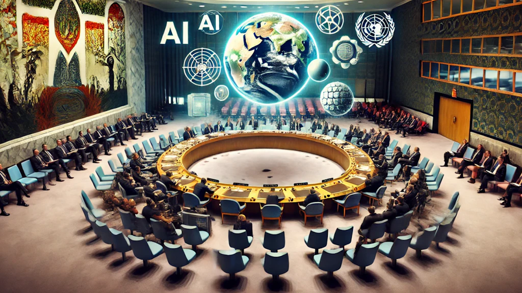 Illustrazione creata dall'IA in cui si illustra l'anticipazione da parte del Consiglio di Sicurezza  dell’ONU delle opportunità e dei rischi delle nuove  tecnologie per la pace e la sicurezza nel mondo.