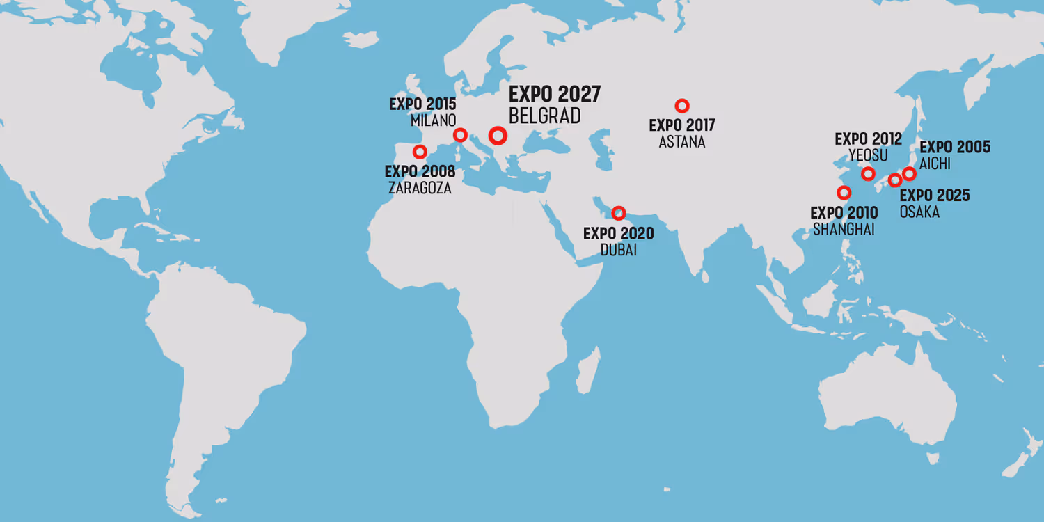 Carta del mondo con nove spilli che mostra che la Svizzera ha partecipato a sette esposizioni universali in 20 anni e ha già confermato la sua partecipazione all’Expo 2025 di Osaka e all’Expo 2027.