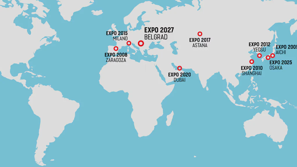 Carta del mondo con nove spilli che mostra che la Svizzera ha partecipato a sette esposizioni universali in 20 anni e ha già confermato la sua partecipazione all’Expo 2025 di Osaka e all’Expo 2027.