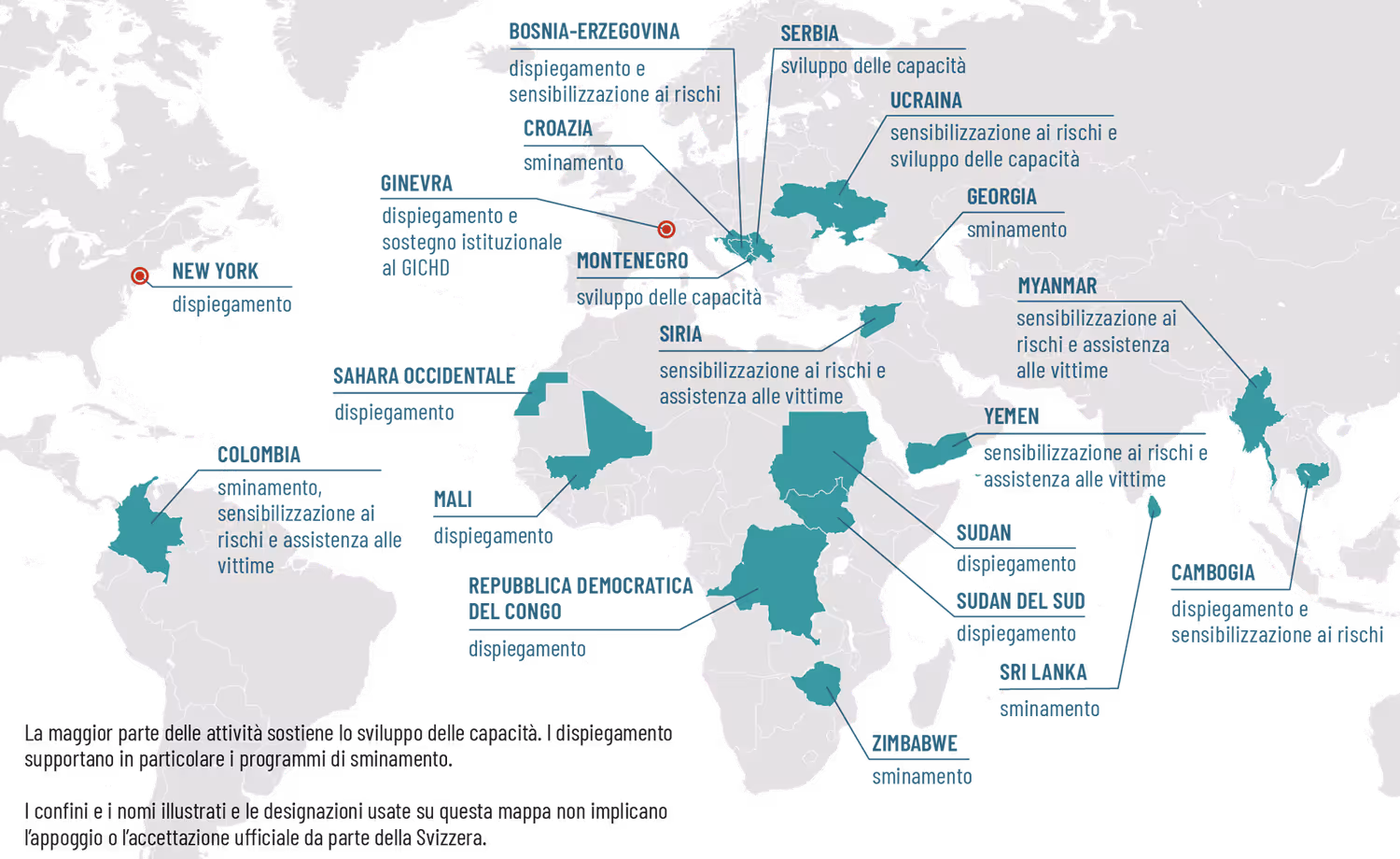 Carta del mondo che mostra i Paesi in cui la Svizzera è attiva nello sminamento umanitario.