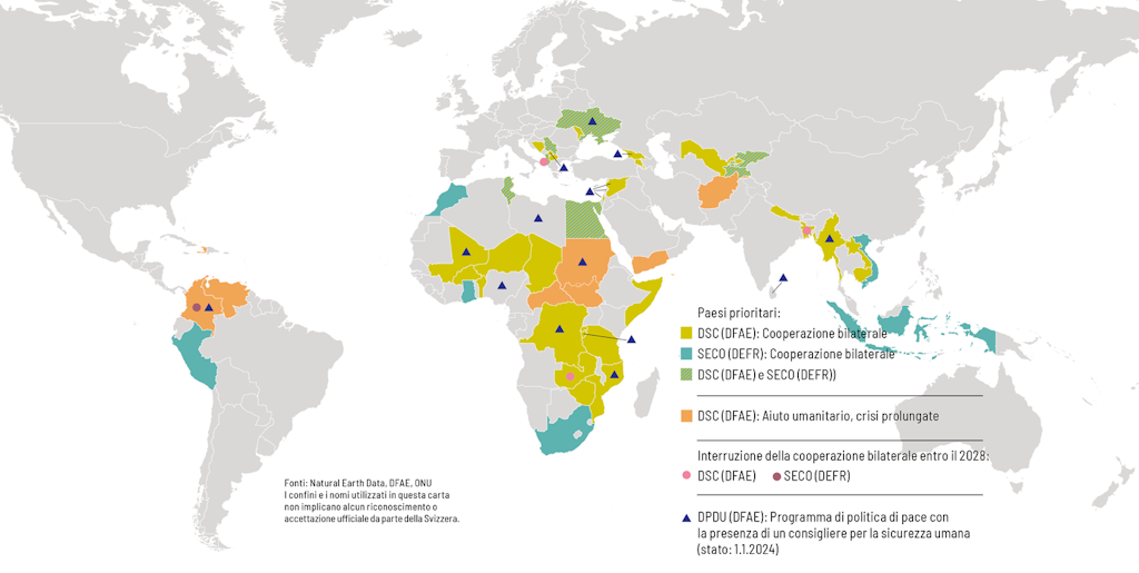 La mappa mostra i Paesi prioritari definiti nella Strategia di cooperazione internazionale della Svizzera 2025-2028.