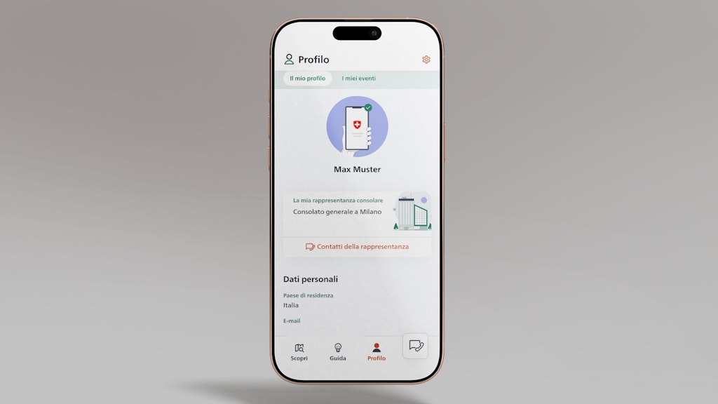 La figura mostra uno smartphone su cui è aperta la rubrica «Profilo» dell’app SwissInTouch.