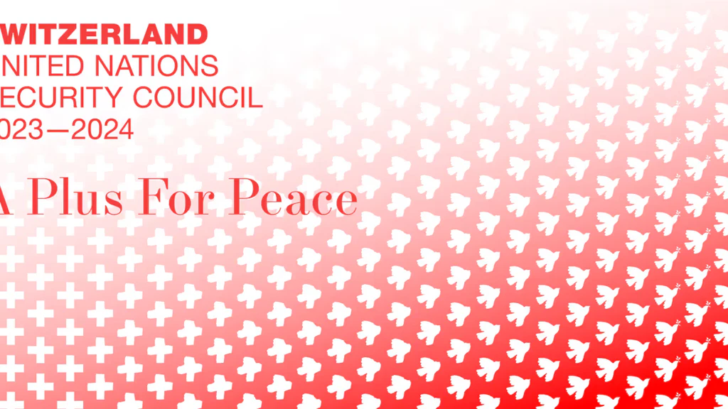 Grafica con lo slogan della candidatura della Svizzera al Consiglio di sicurezza dell'ONU («A Plus For Peace»)