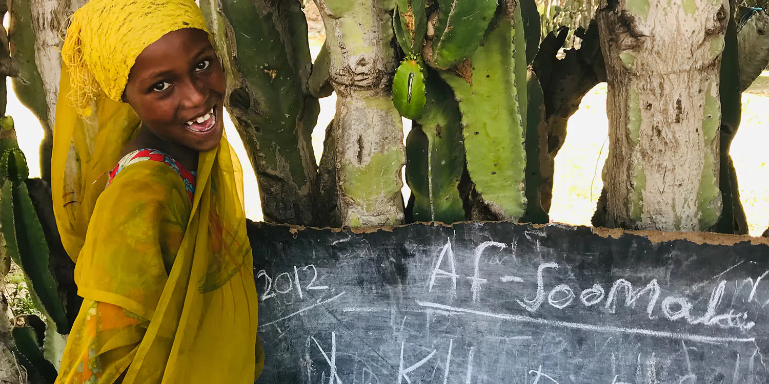 Una ragazza sta in piedi davanti a una lavagna all'aperto e guarda nella macchina fotografica (foto scattata in Etiopia) 