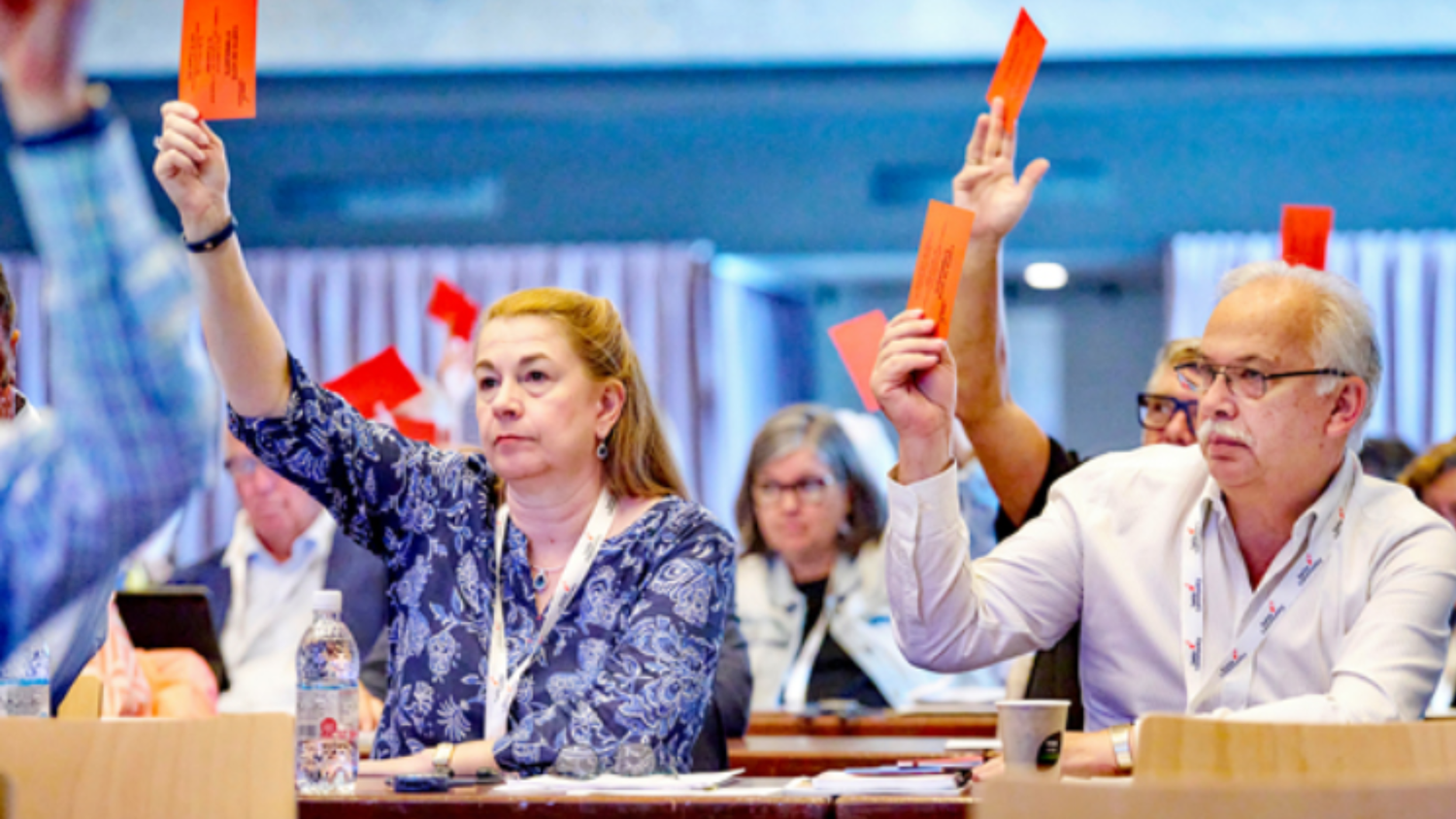 Membri del Consiglio degli Svizzeri all’estero con un foglietto rosso in mano alzano le braccia per esprimere il loro voto.