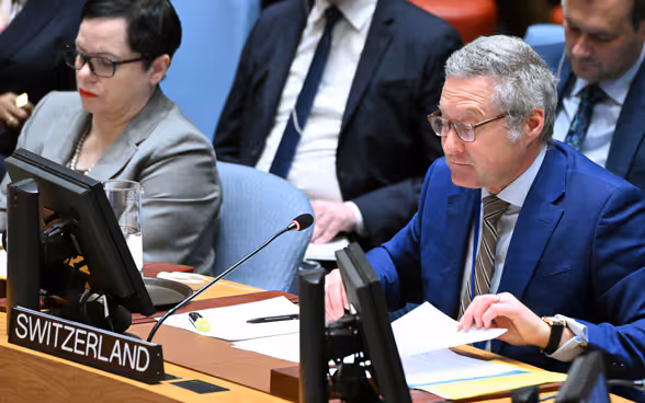 L'ambasciatore Thomas Gürber parla al Consiglio di sicurezza dell'ONU.