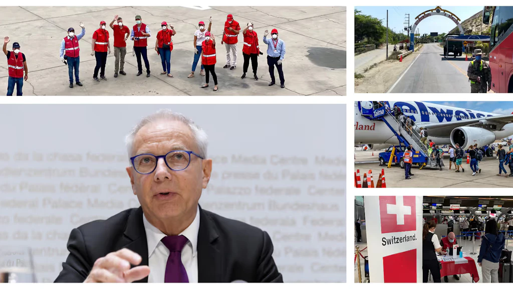 Collage: Johannes Matyassy parla a una conferenza stampa; il personale dell'ambasciata saluta sulla pista di un aeroporto; un autobus organizzato dalla Svizzera viene controllato in Perù; i viaggiatori svizzeri bloccati salgono su un aereo Edelweiss; un membro del personale della rappresentanza svizzera in Svizzera si occupa di un viaggiatore al banco del check-in. 