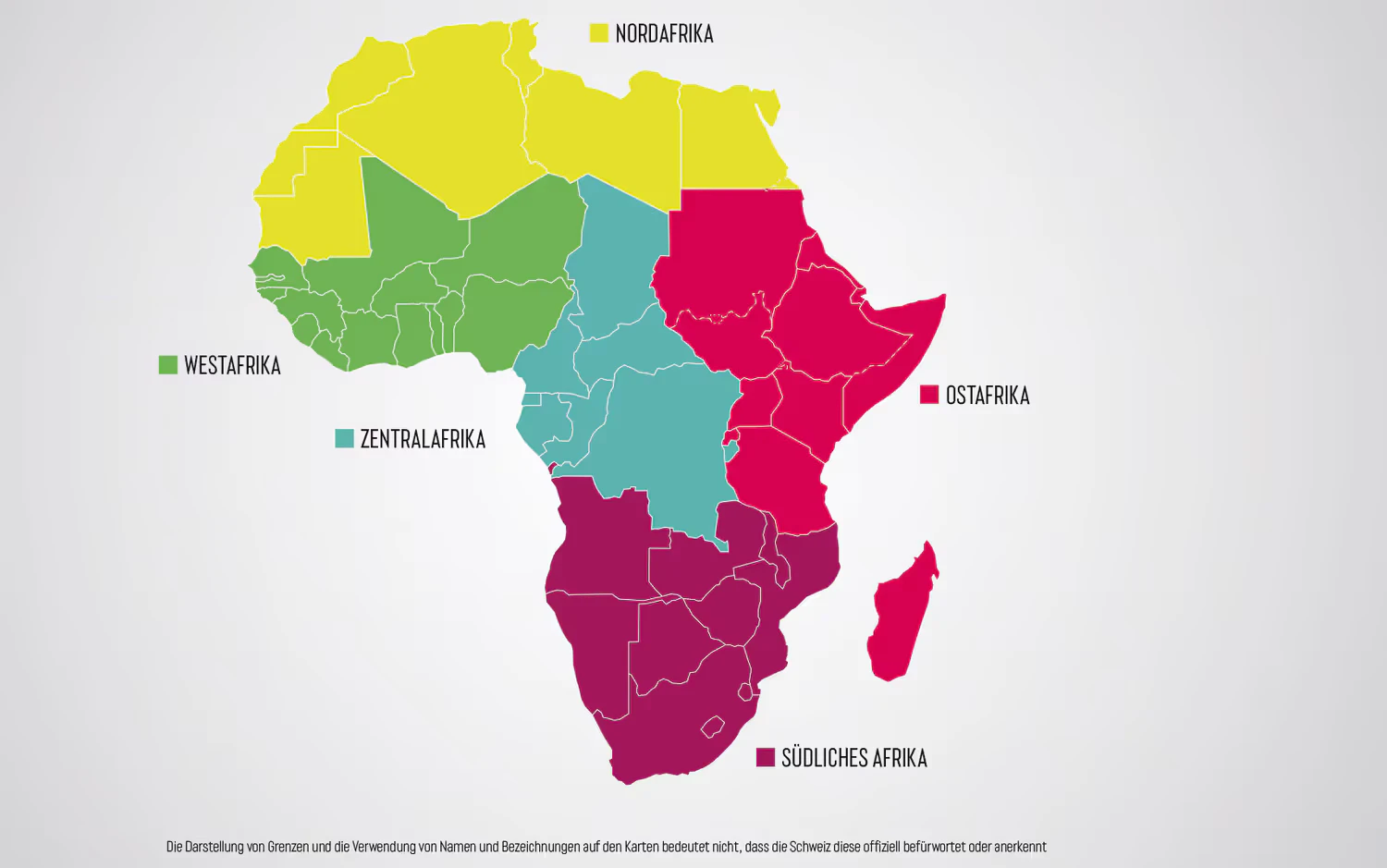 Una mappa dell'Africa che mostra le cinque regioni prioritarie della Strategia Africa 2025-2028.