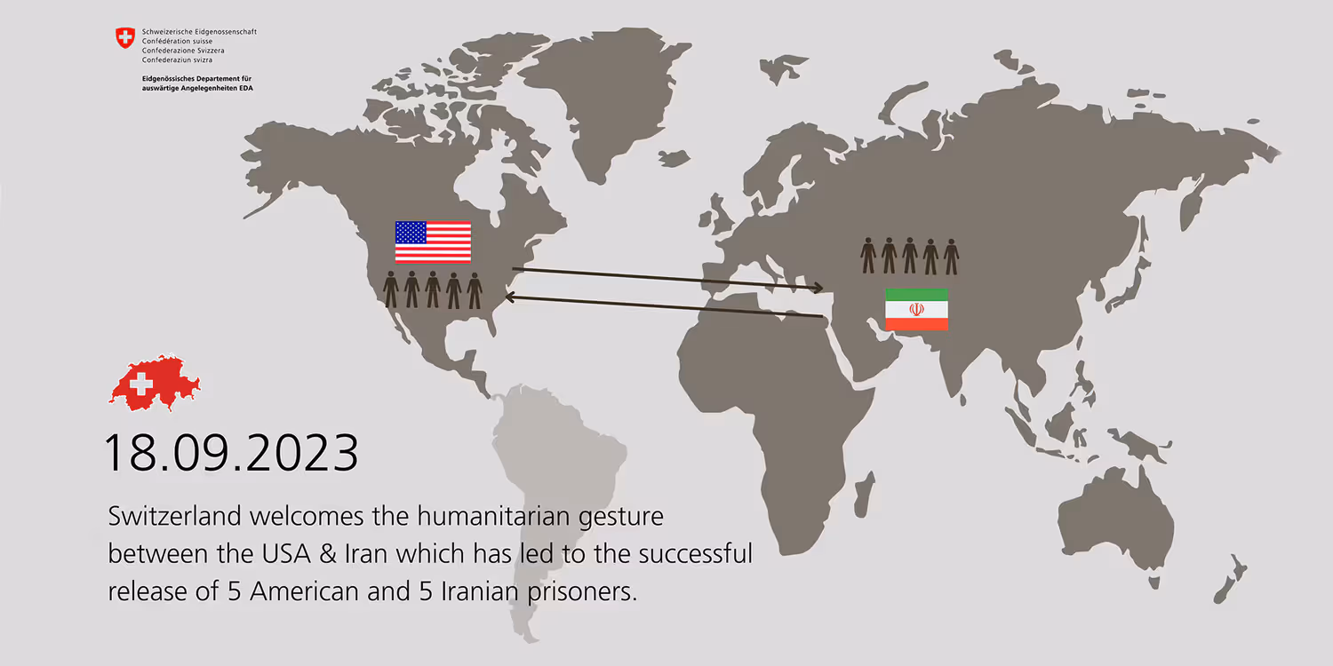 Grafica con una mappa del mondo e le bandiere degli Stati Uniti e dell'Iran, ciascuna con cinque persone disegnate e collegate da frecce.