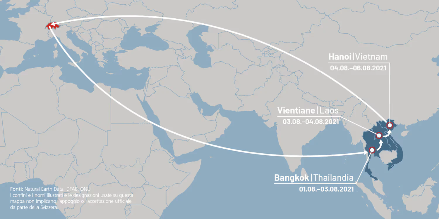 Itinerario del viaggio di Ignazio Cassis in Thailandia, Laos e Vietnam.