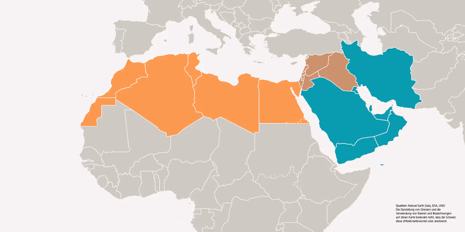 Un grafico mostra le tre sottoregioni Nord Africa, Medio Oriente, Penisola araba e Iran