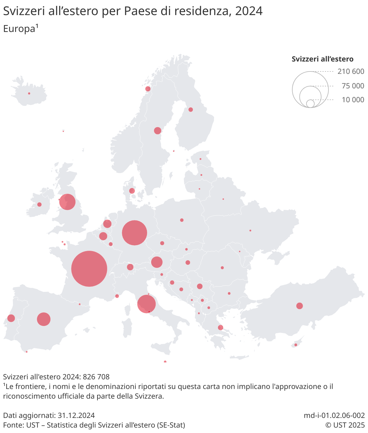 Le Svizzere e gli Svizzeri all’estero rappresentati su una mappa dell’Europa, classificati per Paese di residenza.