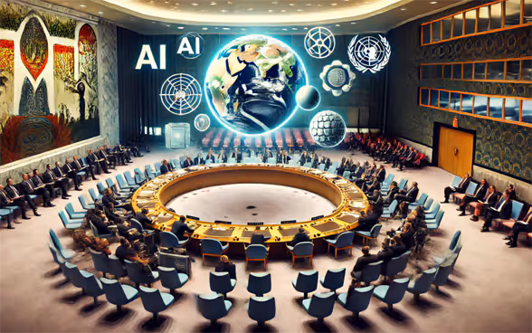 Illustrazione creata dall'IA in cui si illustra l'anticipazione da parte del Consiglio di Sicurezza  dell’ONU delle opportunità e dei rischi delle nuove  tecnologie per la pace e la sicurezza nel mondo.