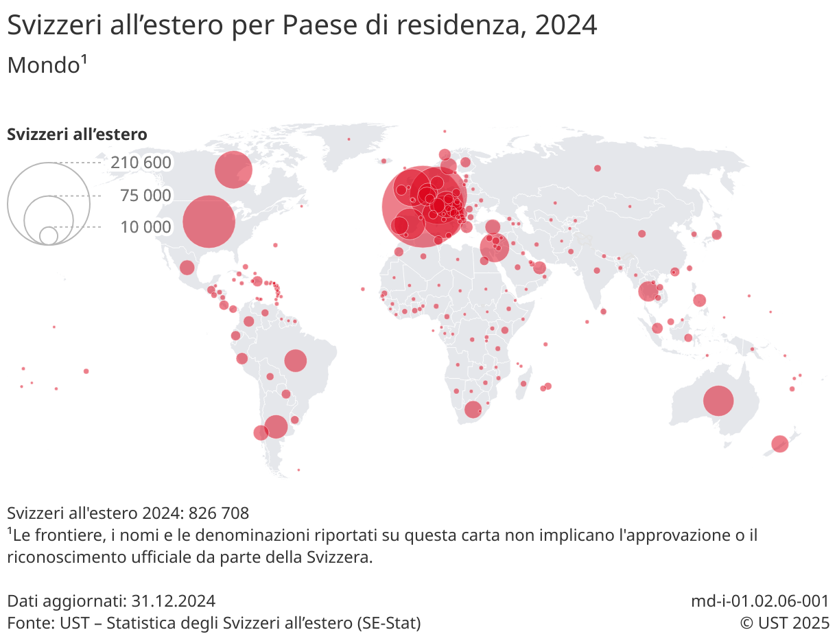 Le Svizzere e gli Svizzeri all’estero rappresentati su una mappa del mondo, classificati per Paese di residenza.