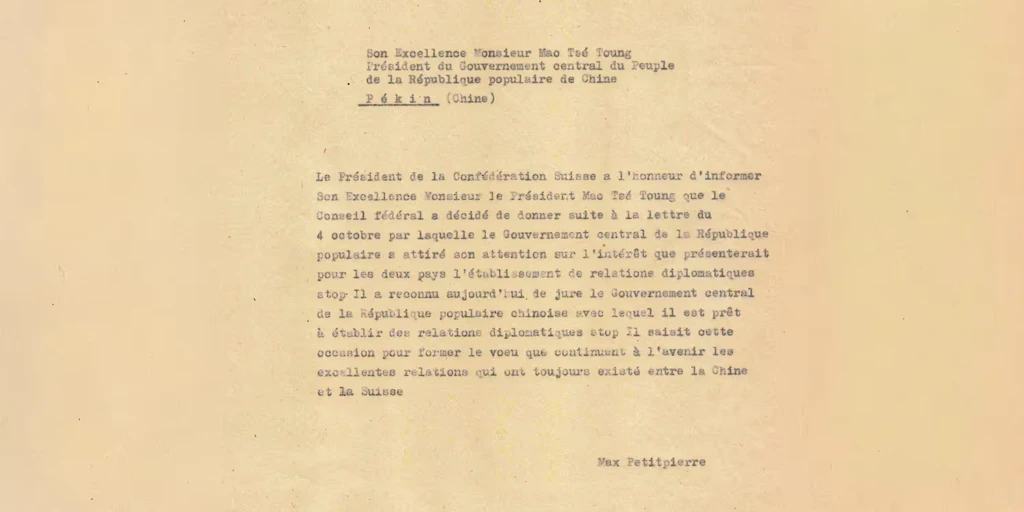 Una foto del telegramma inviato dall’ex presidente della Confederazione Max Petitpierre a Mao Zedong il 17 gennaio 1950.